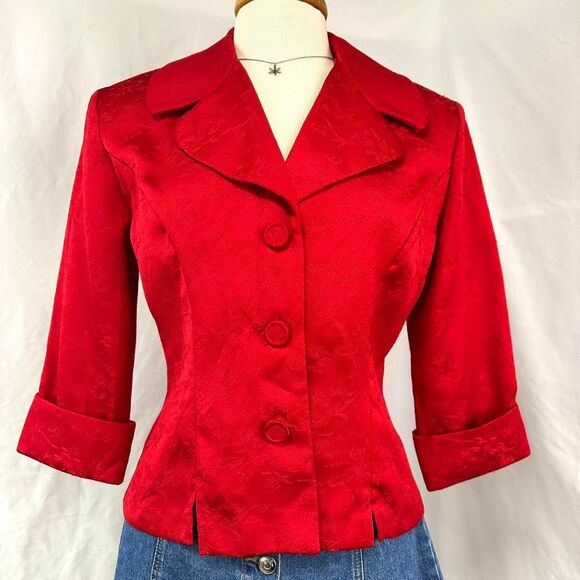 VTG 90s MARK FARREL Red Jacquard Brocade Cropped‎ Blazer Jacket Womens 7/8 Retro - Picture 1 of 5